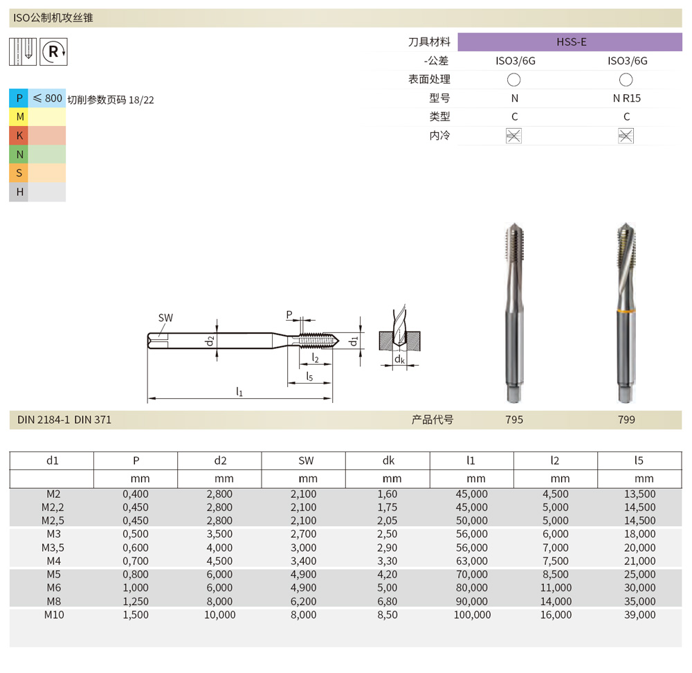 795直槽絲錐，799螺旋槽絲錐規(guī)格